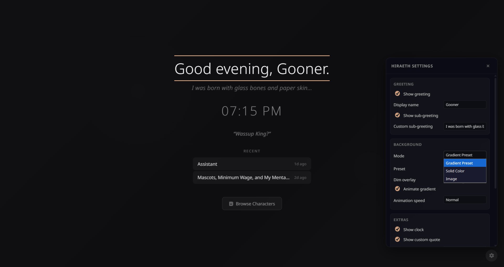 Hiraeth settings panel